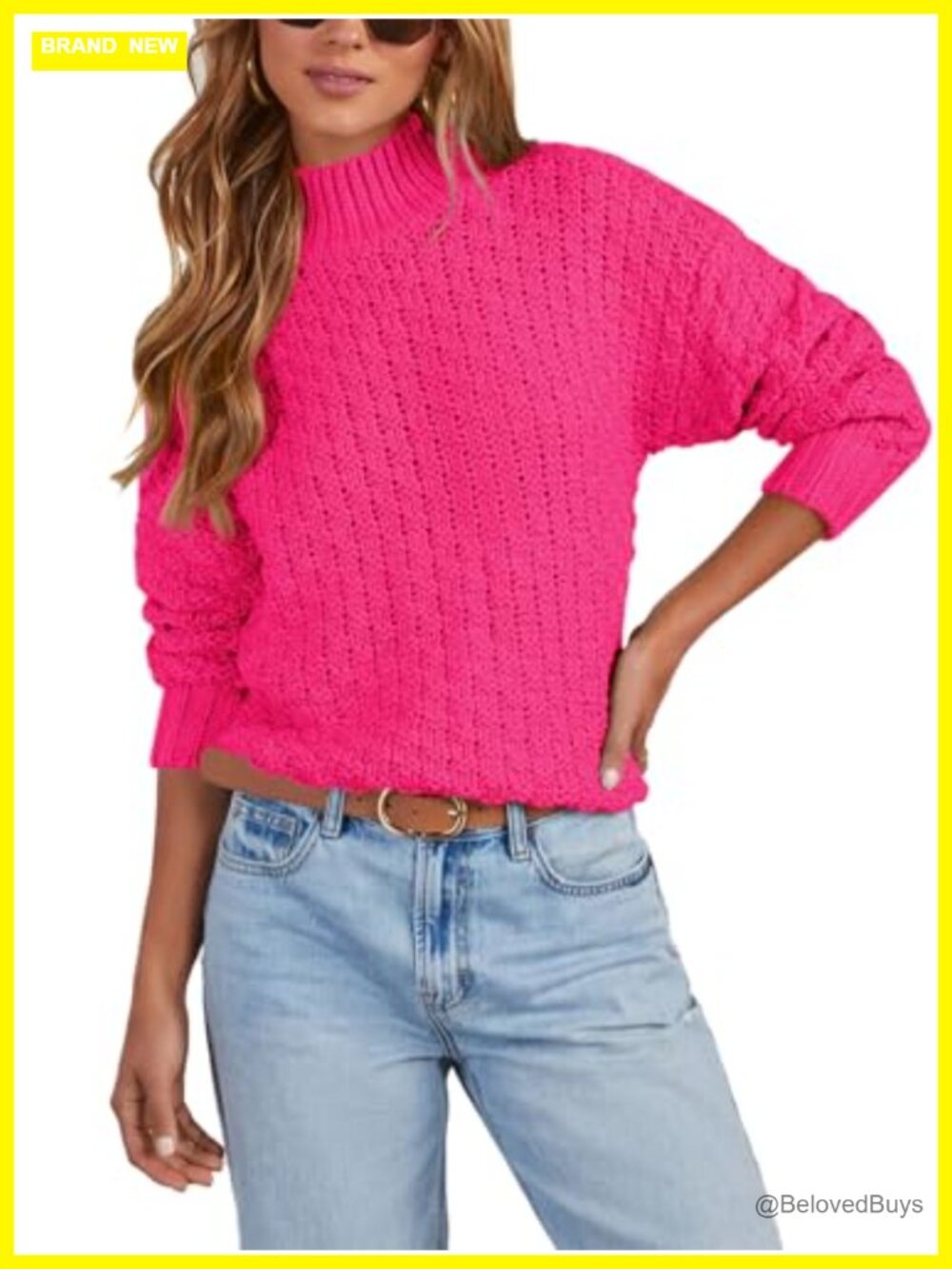 Textured Mock Neck Knit Sweater Long Sleeve Turtleneck Chunky Pullover